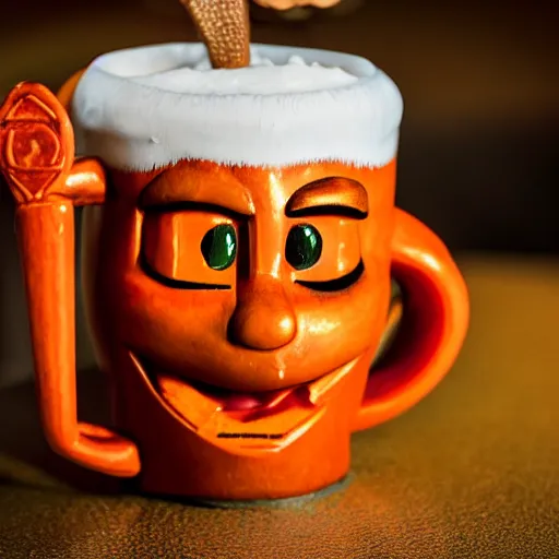 Image similar to a closeup photorealistic photograph of an orange cat garfield style tiki mug at a trader vic's bar with garfield's face on the front. tiki party. bright scene. fine detail. this 4 k hd image is trending on artstation, featured on behance, well - rendered, extra crisp, features intricate detail, epic composition and the style of unreal engine.