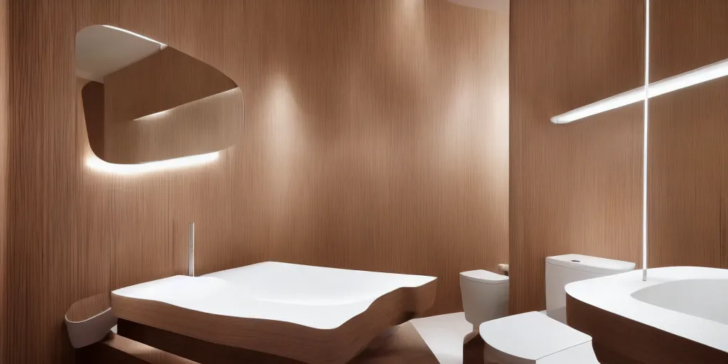 Prompt: bathroom designed by zaha hadid with wood paneling, futuristic furniture, led lighting, minimalist interior design, modern architecture, photography