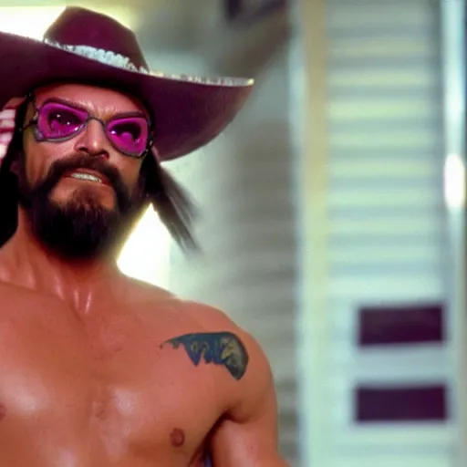 Image similar to Macho Man Randy Savage in Stranger Things, cinematic