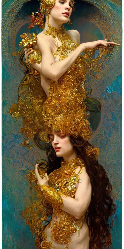 Image similar to an intricate painting of a beautiful goddess with an artistic pose, hyper - detailed, ornamental gold headpiece, octane render, vivid colors, artstation, by jeremy mann, by alphonse mucha, by boris vallejo, by gustav klimt