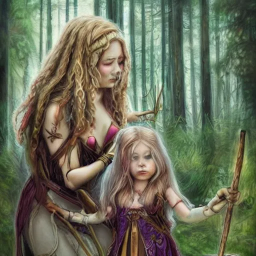 Image similar to sensual girl warrior making a ritual with her daughter in a magical forest by leesha hannigan, fantasy, highly detailed faces, artwork