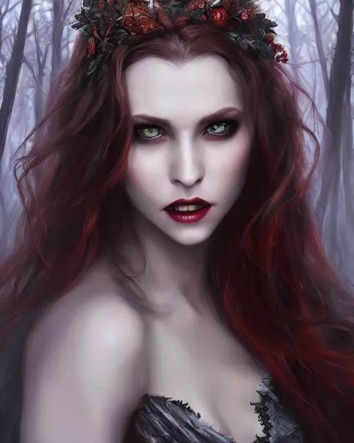 Image similar to a beautiful female vampire, 8 k, hyperrealistic, perfect eyes and face, dark forest landscape, hyperdetailed, fantasy portrait by laura sava