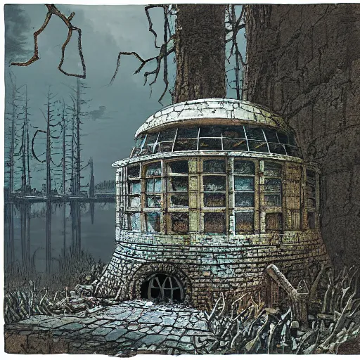 Image similar to pillbox paragonpunk fortress half-sunk in a radioactive Swamp, by Colleen Doran and by Angus McBride and by Ted Nasmith, low angle dimetric rendering, centered, 1-point perspective