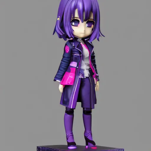 Image similar to portrait of a anime and chibi very cute doll with purple jacket design by xkung work, nendoroid, kawaii, cyberpunk fashion, character modeling, 7 0 mm lens, maximalist sculpted design, toy design, substance 3 d painter, vray, soft vinyl, trending in artstation