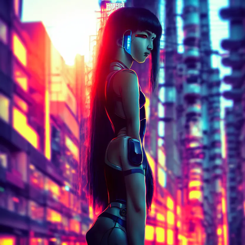 Image similar to a photo close up cyberpunk cyborg girl stands in a cyberpunk hiroshima, prefecture streets, sunset, photorealistic, cinematic lighting, very detailed, style by tomino - sama