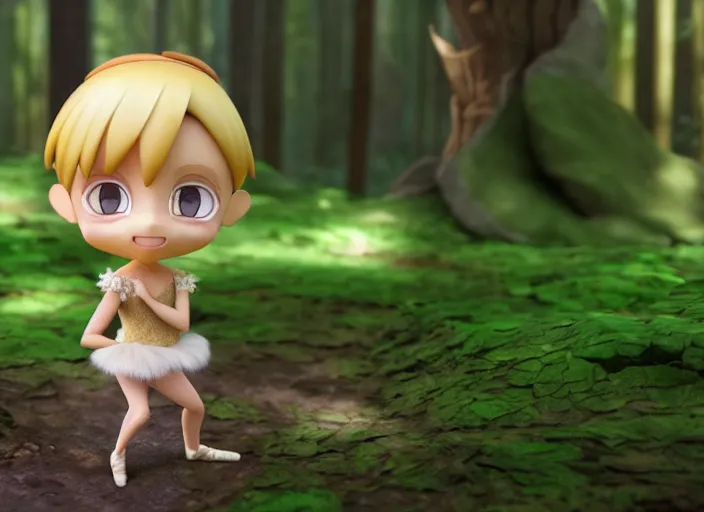 Image similar to blond prima ballerina as nendoroid walking in a forest in the croods movie style, anime, disney, pixar, 8 k, hd, dof, kodak film, volumetric lighting, subsurface scattering, photorealistic, octane render, details