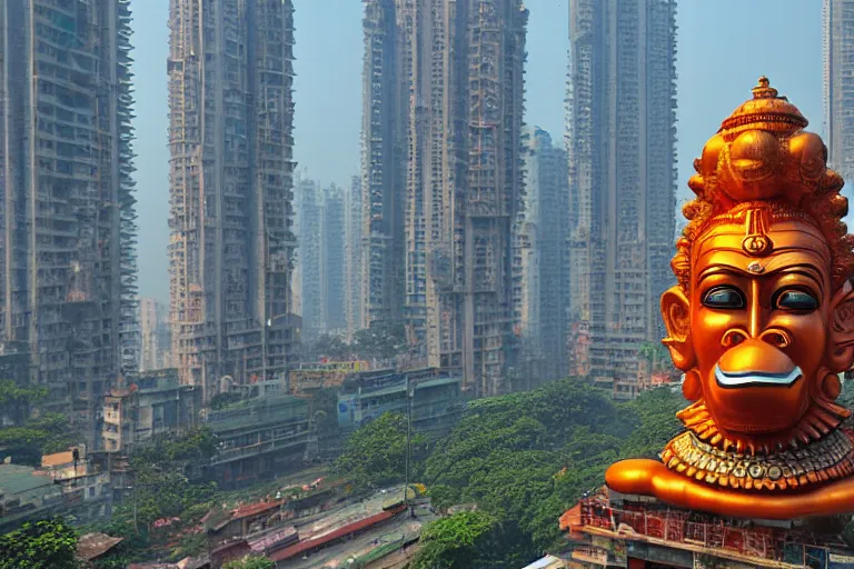 Image similar to high quality 3 d cyberpunk biomorphic hanuman head building in the middle of mumbai!!, kalighat highly detailed, cinematic smooth, stephen shore & john j. park, soft morning light, wide shot, high angle, uhd 8 k, deep focus