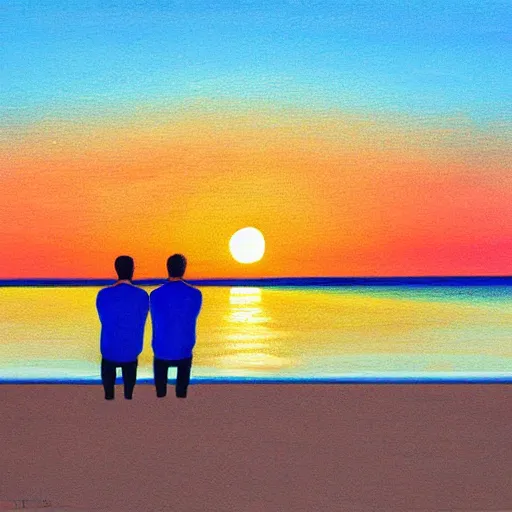 Image similar to 2 men watching the beautiful sunset together by the beach, by greg rutowski, muted colors