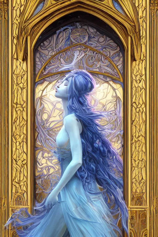 Prompt: breathtaking detailed soft painting of a knight queen with long flowing blue hair, pastel flower petals flying, at dawn in front of a pristine golden art nouveau cathedral, elegant, volumetric lighting, highly detailed, artstation, concept art, matte, sharp focus, art by pilyeon,