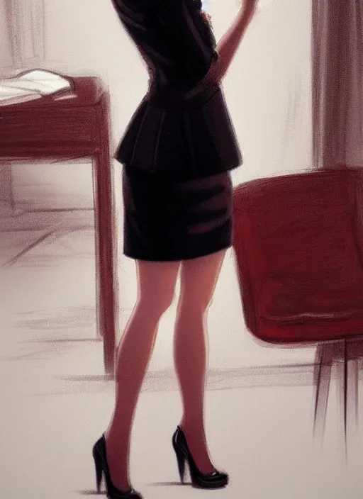 Prompt: concept art of a modern office life, young attractive business woman in pencil miniskirt and sleeveless turtleneck, pinterest, misa amane, redhead, artstation trending, behance, highly detailed, by rembrandt, by konstantin razumov
