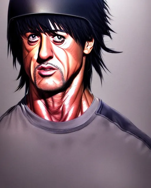 Prompt: well drawn animation portrait Anime skateboarder Sylvester Stallone Rambo, Sharp fine face, shaded Perfect face, fine details. Anime. cyberpunk realistic shaded lighting by katsuhiro otomo ghost-in-the-shell, magali villeneuve, artgerm, rutkowski Jeremy Lipkin and Giuseppe Dangelico Pino and Michael Garmash and Rob Rey