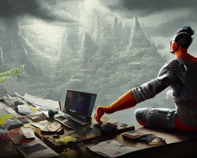 Image similar to an insanely detailed painting of a nerdy asian man wearing a superhero costume, sitting at a desk, staring at the nervously at the computer and typing, in the style of peter mohrbacher, dramatic lighting and composition, surreal background, octane render, pixar, trending on artstation, concept art, comic book, view from behind