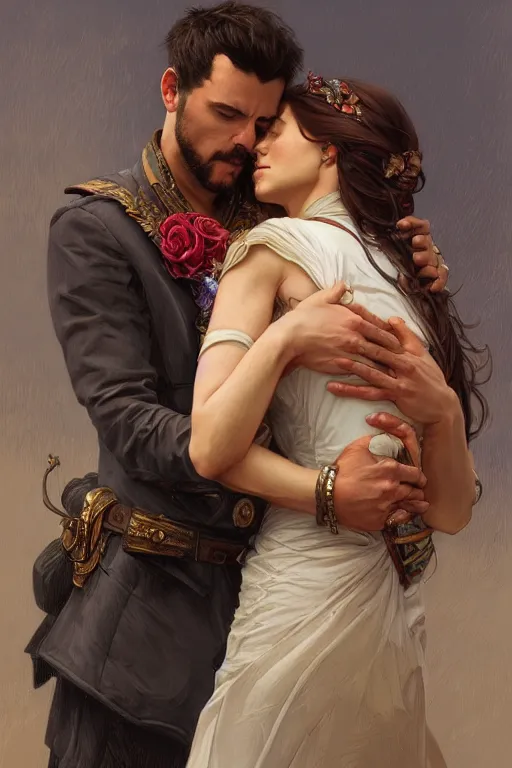 Image similar to portrait of a man in dhl van hugging his wife, feelings, romantic, fantasy, intricate, elegant, highly detailed, digital painting, artstation, concept art, smooth, sharp focus, illustration, art by artgerm and greg rutkowski and alphonse mucha