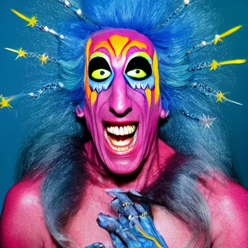 Image similar to UHD color candid photo of Dee Snider dressed as cosmic Freakazoid, accurate face, vivid colors, UHD photorealistic correct face photo by Annie Leibowitz