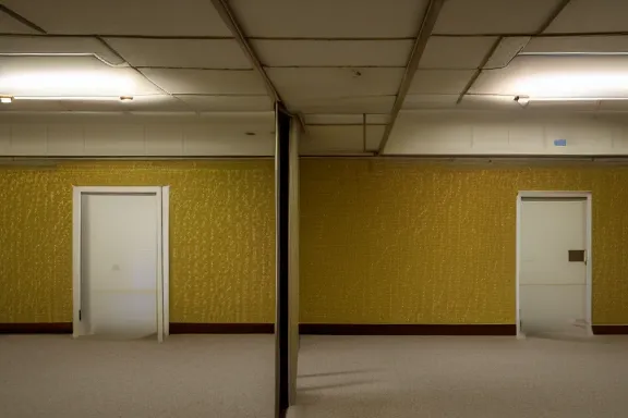 Image similar to an endless space of empty connecting rooms with old yellowed wallpaper from the 1970s and beige carpet lit by fluorescent lights