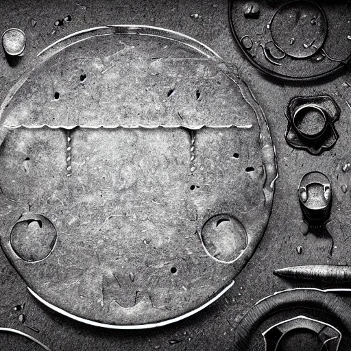 Image similar to 2 d illustration of ancient technology artifact made of steel and stone, with glow on some of its parts, monochromatic background