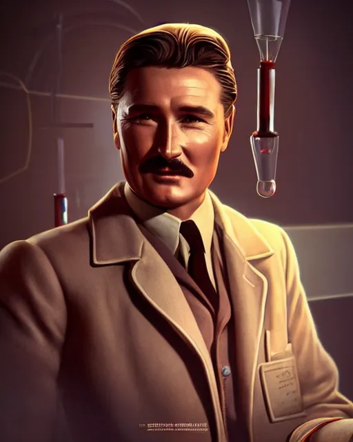 Prompt: Errol Flynn as a scientist. 1980s dystopian Soviet Russia, propaganda screens. Unreal engine, fantasy art by Yuliya Litvinova. Faithfully depicted facial expression, perfect anatomy global illumination, radiant light, detailed and intricate environment