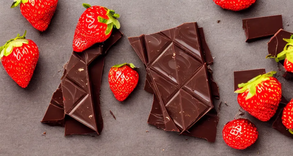 Image similar to A gourmet dark chocolate bar with a piece broken off, on an opened silver wrapper, next to sliced strawberries, on a wooden tray, macro lens product photo