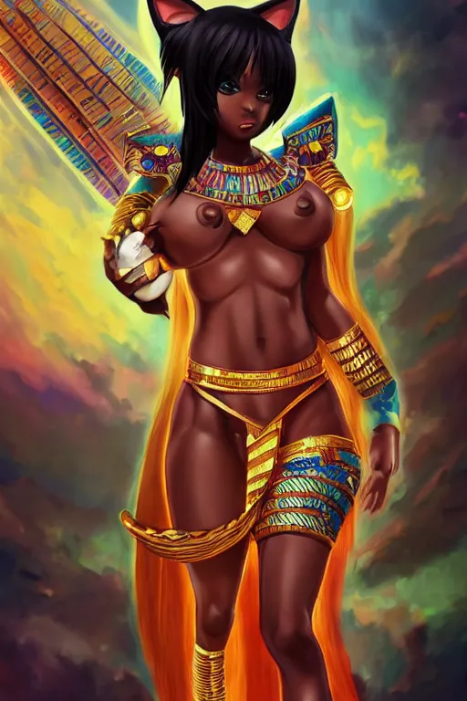 Image similar to jada fire as an anime egyptian cat goddess, vivid colors, high details, cinematic, 8k resolution, beautiful detailed, photorealistic, digital painting, artstation, concept art, smooth, sharp focus, illustration, fantasy background, artstation trending, octane render, unreal engine