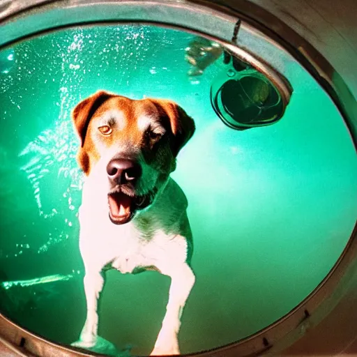 Prompt: photograph of dog wearing diving gear swimming in a vat of acid