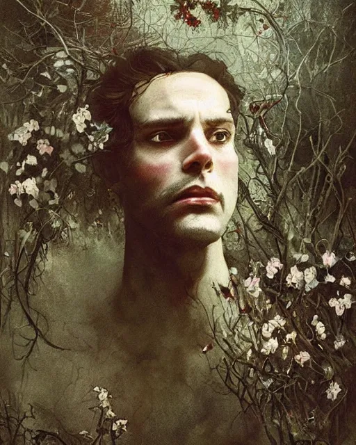 Image similar to a handsome but sinister and creepy man in layers of fear, with haunted eyes, violence in his eyes, tangled hair, 1 9 7 0 s, seventies, delicate embellishments, a little blood, woodland, moonlight shining on wildflowers, painterly, offset printing technique, by alexandre cabanel