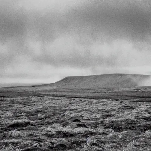 Image similar to a ww 2 photo of a battlefield in iceland. grainy, black and white, overcast sky.