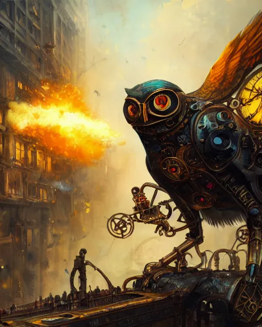 Prompt: oil painting of Gigantic Steampunk Owl Robot destroying city, sharp focus, exploding golden steampunk city background, full body, heroic pose, fantasy style, octane render, volumetric lighting, 8k high definition, by greg rutkowski, highly detailed, trending on art Station, magic the gathering artwork, centered, dramatic artwork, combat scene