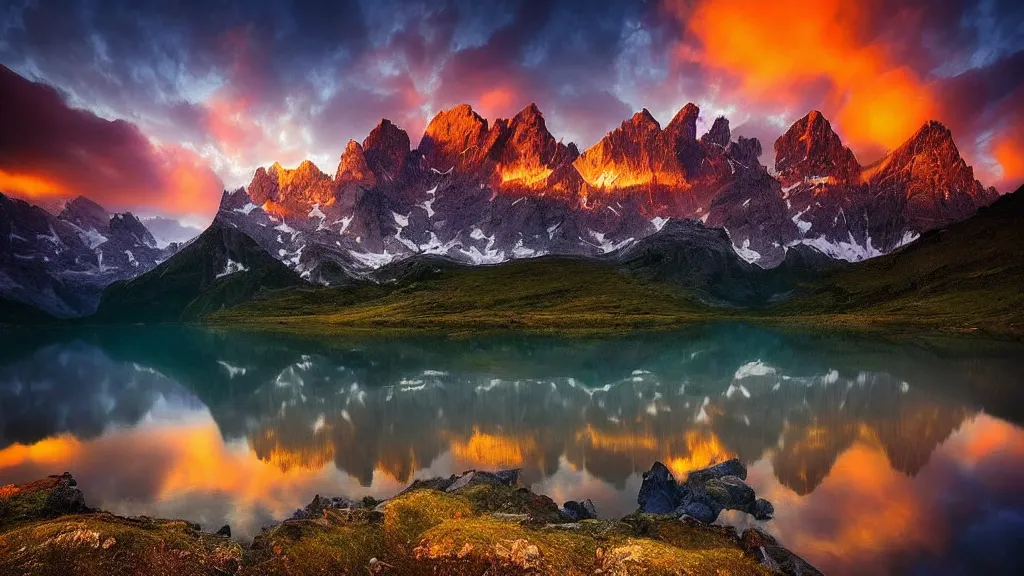 Image similar to amazing landscape photo of mountains with lake in sunset by marc adamus, beautiful dramatic lighting