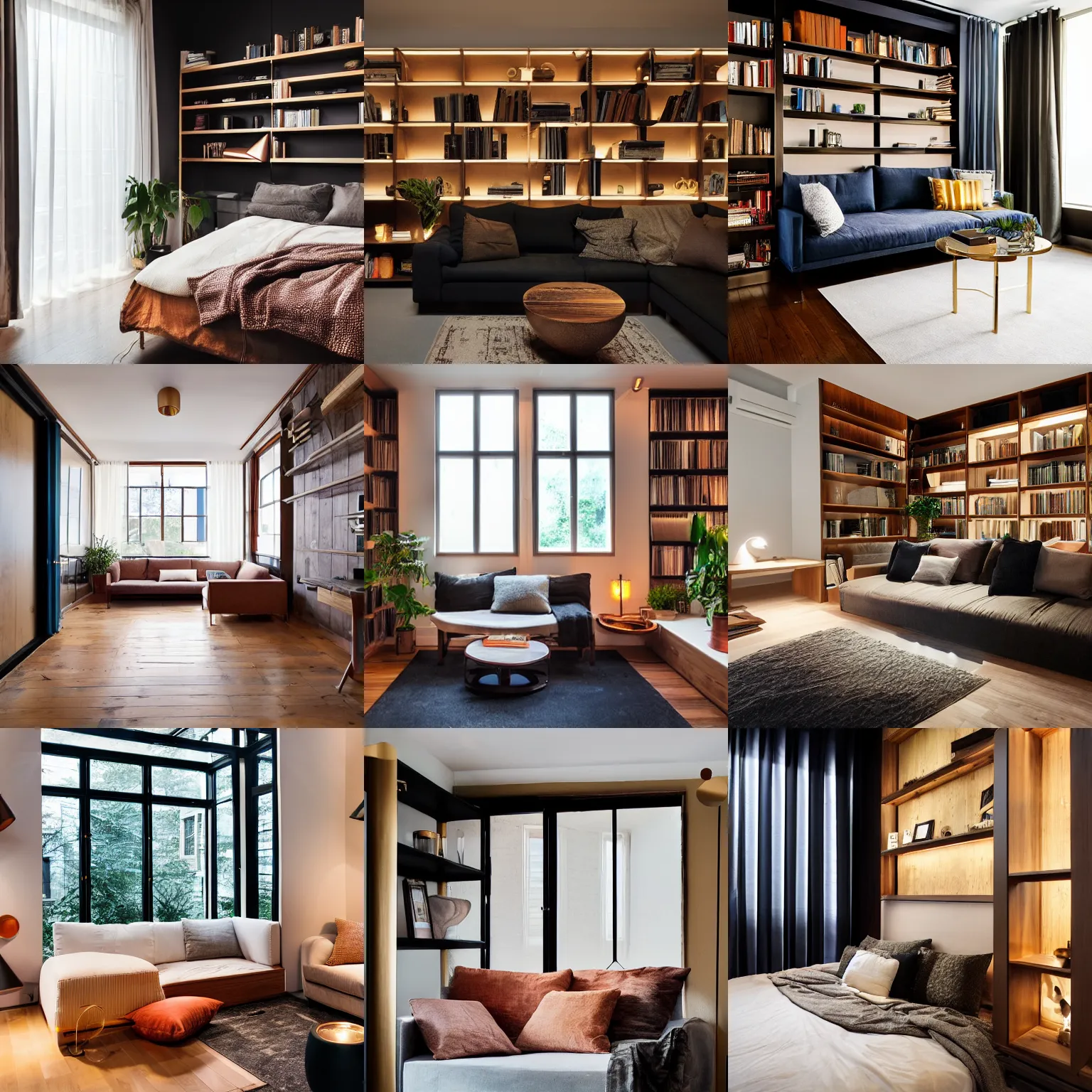 Prompt: wide angle photograph at night, award winning interior design apartment, night outside, dark, moody dim faint lighting, wood panel walls, cozy and calm, fabrics, textiles, pillows, lamps, colorful copper brass accents, secluded, many light sources, lamps, hardwood floors, book shelf, couch, desk, plants