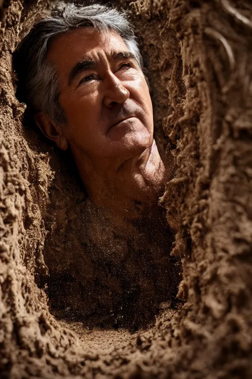 Image similar to cinematic still randy mantooth covered in mud stuck inside a giant flash hole, 4 k, dramatic lighting