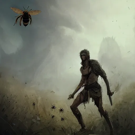 Image similar to a skinny weak male hunter from Stone Age, trying to survive surrounded by bees Greg Rutkowski and Raymond Swanland, Trending on Artstation, cloudy background, ultra realistic digital art