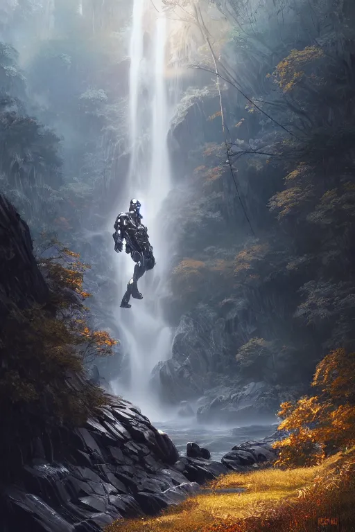 Image similar to detailed intricate digital illustration by greg rutkowski and artgerm and wlop and sanford robinson gifford ; sleek, chrome mech suit, standing with glimmering foggy waterfall in the background ; 1 3 mm film, arri alfa anamorphic lens ; sharp focus, golden hour lighting, mist ; trending on artstation 4 k ; close view