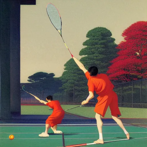 Image similar to a colorful illustration of men playing badminton, by kawase hasui, Edward Hopper and James Gilleard, Zdzislaw Beksinski, Steven Outram colorful flat surreal design, hd, 8k, artstation