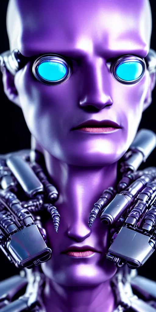 Prompt: hyperrealistic close-up of art deco cyborg man with purple hair and pearlescent blue skin wayne barlowe machiej kuciara very dramatic lighting on one side wide angle 35mm shallow depth of field