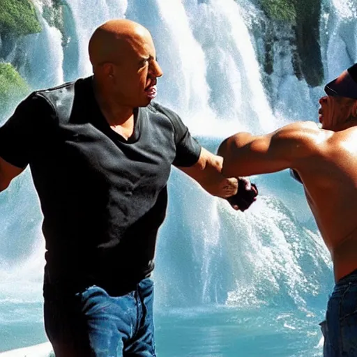 Image similar to Vin Diesel punching an alien wearing a Sombrero in the face, in front of a waterfall