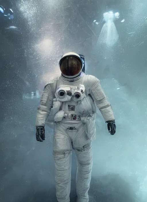 Image similar to concept art by craig mullins astronaut in futuristic dark and empty spaceship underwater. infrared glowing lights. complex and hyperdetailed technical suit. reflection and dispersion materials. rays and dispersion of light. volumetric light. 5 0 mm, f / 3 2. noise film photo. flash photography. unreal engine 4, octane render. interstellar movie art