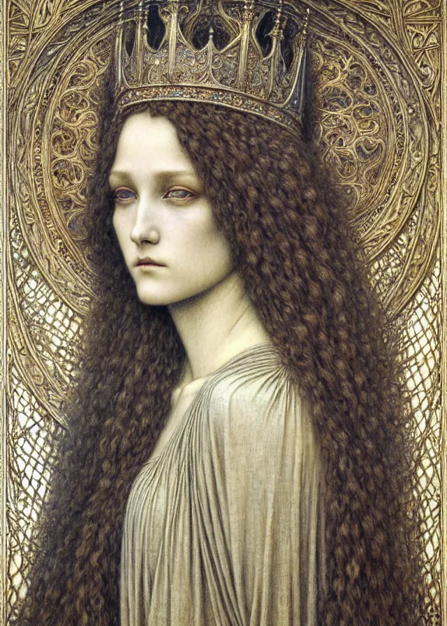 Image similar to detailed realistic beautiful young medieval queen face portrait by jean delville, gustave dore and marco mazzoni, art nouveau, symbolist, visionary, gothic, pre - raphaelite. horizontal symmetry