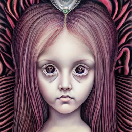 Prompt: hyper detailed portrait painting of a girl with big eyes in the style of artist mark ryden, symmetrical composition, in a landscape