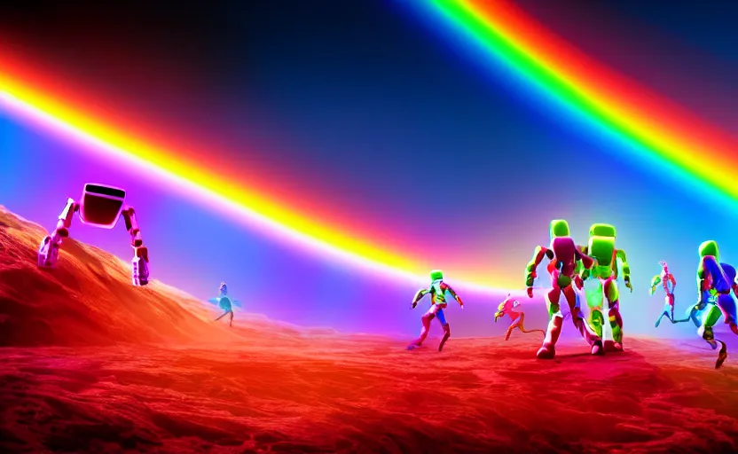 Image similar to crowd of humans and robots running from earth to mars on a rainbow bridge, ultra hd, neon colors