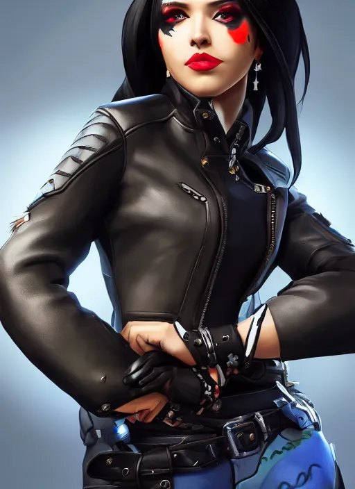 Image similar to overwatch style oil painting portrait of as woman with black hair and a leather jacket, confident pose, 4 k, expressive surprised expression, makeup, wearing sleek armor, studio lighting, black leather harness, expressive detailed face and eyes,