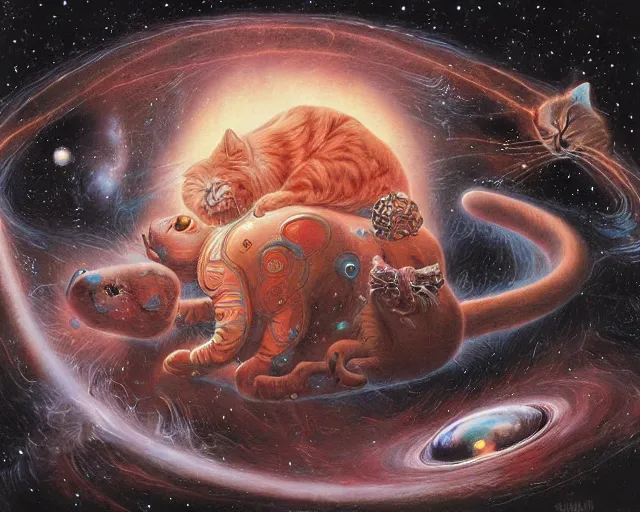 Prompt: the cosmic cat at the center of the universe, epic art by James Jean, Wayne Barlowe, Laure Lipton