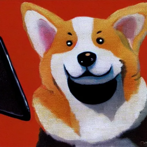 Prompt: corgi dog with a old telephone in his ear by ron walotsky