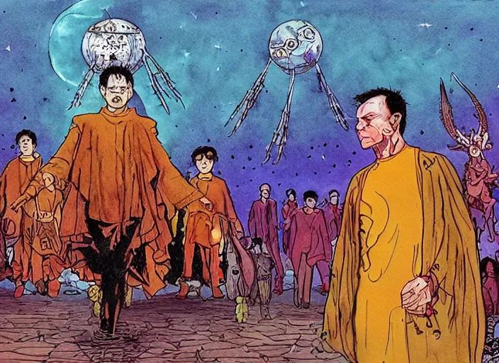 Image similar to a surreal scene from a feature film by wong kar - wai, alejandro jodorowsky and kenneth anger : : magical pagan ritual, retro sci - fi : : a storyboard drawing by moebius, ink and watercolor 8 k