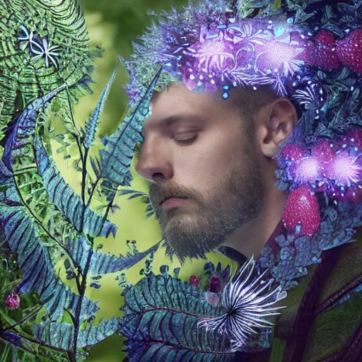 Image similar to a male knight with beard, stern face, clear eyes, shining armour made of steel, and fractal hair, fighting the darkness in a fractal garden, glowing delicate flower, berries and ferns that grow in a dark flowering fantasy forest, full frame,