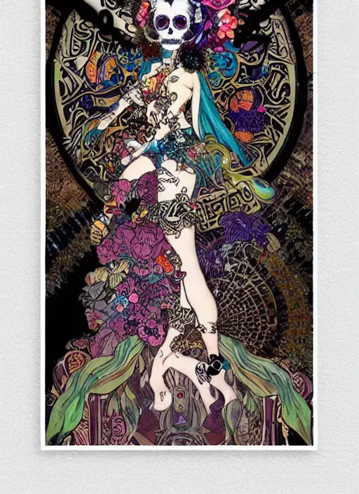 Prompt: cute punk goth fashion fractal Día de los Muertos tattooed girl posing in goth outfit by by Mario Testino, psychedelic poster art of by Victor Moscoso Rick Griffin Alphonse Mucha Gustav Klimt Ayami Kojima Amano Charlie Bowater, masterpiece