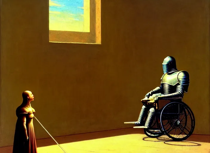 Image similar to knight in armor in a wheelchair do tricks & watch old tv, rome, highly detailed, soft lighting, elegant, by edward hopper and james gillard, zdislaw beksinski, stephen outram, andreas m wiese, carl spitzweg, highly detailed, masterpiece, unreal 6, 8 k