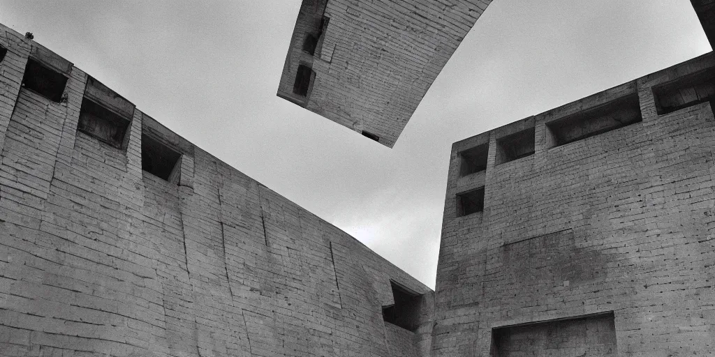 Prompt: a floating upside down brutalism architecture, ilford hp 3, photo from 1 9 5 0, emerged by a river