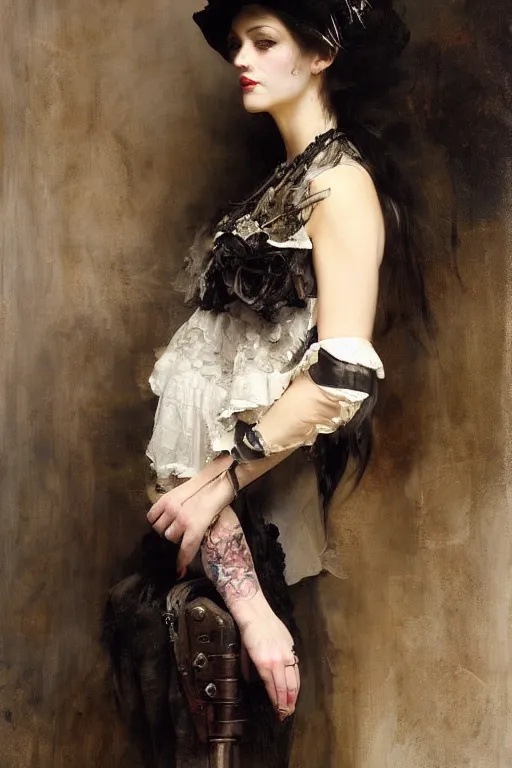 Image similar to Richard Schmid and Jeremy Lipking and Roberto Ferri full length portrait painting of a young beautiful victorian steampunk goth woman