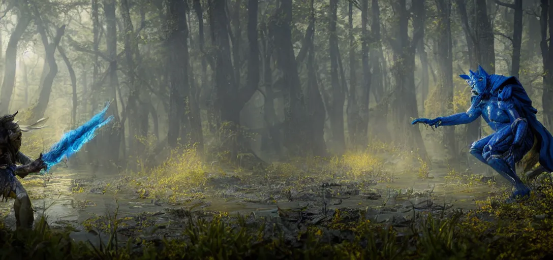 Image similar to a warrior in blue and yellow robes fighting a dark beast in a swamp, detailed face, luminescent eyes, sunny weather, rendered in octane, realistic, 8 k, vivid, intricate, detailed, mist, fog, dramatic light