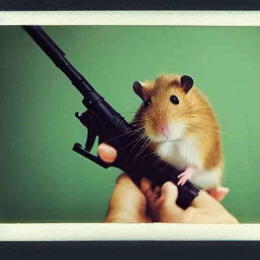 Image similar to “ a hamster holding a hamster sized m 1 6, portrait photo, vietnam war photograph, polaroid ”